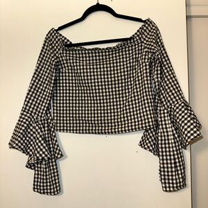 Forever 21 Small Ruffle Boat Neck Bell Sleeve Top Black White Gingham Plaid